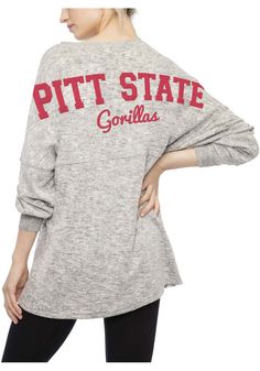 Display your Pitt State Gorillas spirit in this Pitt State Grey T-Shirt! This Pitt State Cozy Long Sleeve T-Shirt makes a great layer for cooler nights cheering on the Gorillas. Featuring a screen print, this Pitt State Gorillas Long Sleeve LS Tee is a must-have for any fan. Always a Gorilla! Super Soft Feel, Oversized Body, Drop shoulders, Chest Seam, Ribbed Cuffs, Screen Print Graphics, 67% POLY/30% RAY/3% SPAN Oversized Tops For College In Fall, Oversized Fall Tops For College, Grey T Shirt, Gray Tshirt, Team Spirit, Screen Print, Long Sleeve T Shirt, Must Haves, Long Sleeve Tshirt