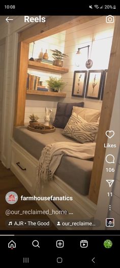 a bedroom with a built in bed and shelves above the bed is shown on an iphone