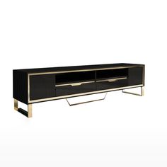 a black and gold tv stand with two drawers on one side, an open drawer on the other