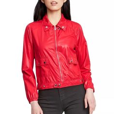 Measurements (Xs/S/M) Total Length: 25/26" Chest: 34/36/38" Waist: Same As Chest Arm Length: 27" Sizing: Women Material: 100% Polyester - Faux Leather Weave Front Patch Pocket, Long Sleeve, Front Full Length Zipper New With Tags Red Outerwear With Zipper For Work, Red Zipper Closure Outerwear For Work, Red Fall Biker Jacket With Pockets, Chic Red Leather Jacket With Zipper Closure, Red Biker Jacket For Work In Spring, Red Leather Workwear Jacket With Pockets, Red Fitted Leather Jacket With Pockets, Red Leather Outerwear With Pockets, Red Leather Jacket With Zipper For Work