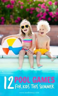 two young children sitting on the edge of a pool with their arms around each other