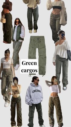 Outfit Inspo With Green Cargo Pants, Aesthetic Clothes Cargo Pants, Cool Cargo Pants Outfits, Green Cargo Fall Outfit, Cute Green Cargo Pants Outfits, Green Cargo Style, Fit With Cargo Pants, Green Pants Ideas Outfit, Outfit Ideas For Green Cargo Pants