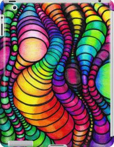 an abstract painting with multicolored lines and circles on it's surface, as well as the colors in the background