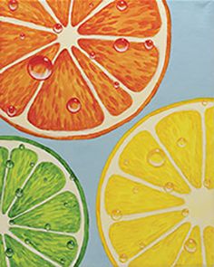 an orange slice with water drops on it and the title slices of citrus canvas painting