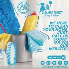 a bucket full of cleaning supplies with the words cleaning agencies on it and an image of a blue mop