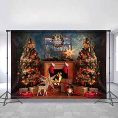 a christmas fireplace with stockings and stockings on it