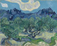 an image of a painting with trees and mountains in the background, as well as clouds