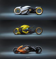 three different types of motorcycles are shown in the same image, each with wheels and spokes