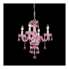 a pink chandelier hanging from a chain with three lights on it's sides