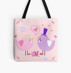 a pink tote bag with two birds on it and the words love is written in purple