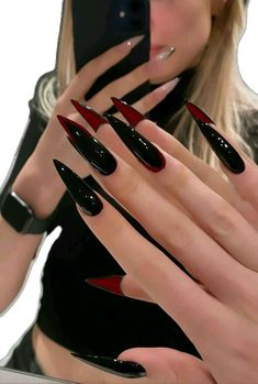 Acrylic Nails That Go With Any Outfit, Red And Black Vampire Nails, Nail Ideas Acrylic Halloween, Halloween Nails Red Black, Gothic Stiletto Nails Designs, Nails Inspiration Goth, Long Black And Red Nails, Goth Nail Inspiration, Halloween Nail Inspo 2024