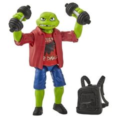 the teenage mutant ninja action figure is holding two dumbs in one hand and a backpack on the other