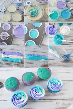 cupcakes decorated with blue and purple icing