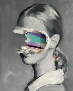 a painting of a woman's face with torn up pieces of paper sticking out of her mouth