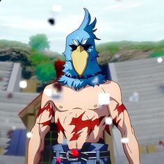 an animated image of a blue bird with blood on it's chest