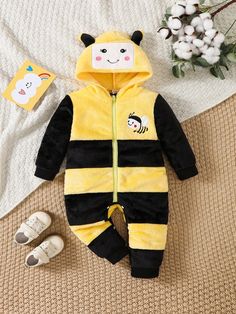 Baby Boy Costume Cute Patchwork Bee Hooded Jumpsuit Winter Outfit Multicolor   Long Sleeve Flannelette Cartoon  Non-Stretch  Baby Boys Clothing, size features are:Bust: ,Length: ,Sleeve Length: Jumpsuit Winter Outfit, Jumpsuit Winter, Hooded Jumpsuit, Boy Costumes, Couple Matching, Elegant Dresses Long, Dark Jeans, Black Party