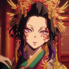 an anime character with dark hair and blue eyes, wearing a colorful headdress