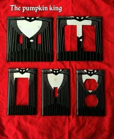 four pieces of paper cut out to look like suits and bow ties on red fabric