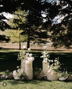 three vases with flowers are sitting in the grass