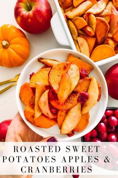 roasted sweet potatoes, apples and cranberries in white bowls with text overlay