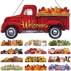 an image of a red truck with fall decorations on the front and welcome sign in the back