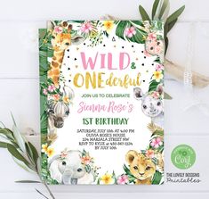 two wild animals are on the front and back of this jungle birthday party invitation card