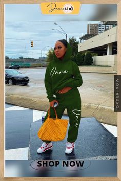 Winter Long Sleeve Letter Print Hoodie Sweatpants Two-piece Set Women's Outfits By Occasions, Letter Print Hoodie, Sleep And Loungewear, Print Hoodie, China Fashion, Two Piece Sets, Letter Print, Army Green, 1 Million