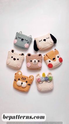 small crocheted animal purses are arranged on a white surface with the caption's name below them