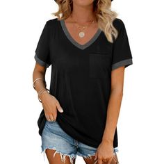 MOSHU V Neck Women T Shirts Short Sleeve Loose Casual Summer Tops with Pocket This womens t-shirts are made with skin-friendly and breathable fabric, making them perfect for wearing in hot summers. You'll feel cool and comfortable on various occasions. The v-neck design of summer t-shirts for women comes in different colors and is not too low, complementing your face and accentuating your collarbone to give you a cute and feminine look. The sleeves feature a unique color-block design that is loo Tunic Tops Summer, Casual Summer Tops, Womens Tops Summer, Casual T Shirt, Style Moderne, Shirts & Tops, Plus Size Tops, Top Casual, Casual T Shirts