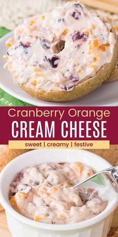 cranberry orange cream cheese in a white bowl with a spoon on the side