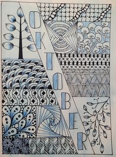 a drawing with blue and white lines on it, in the middle of an abstract design