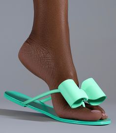 Final Sale Bow Detail  Leather Upper Leather Lining and Sole Flip Flop Style Fit runs true to U.S size Whole Sizes Only More Flip Flops Green Flip Flops, Pink Flip Flops, High End Shoes, Designer Footwear, Flip Flops Style, Bow Pumps, Designer Flats, Bow Sandals, Wrap Sandals