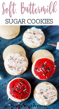 homemade soft buttermilk sugar cookies with white frosting and sprinkles