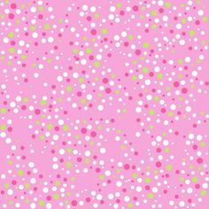 a pink background with white and green dots