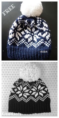 two knitted hats with pom - poms on them, one is blue and the other is white