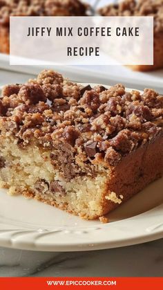 a piece of coffee cake on a plate with the words jiffy mix coffee cake recipe