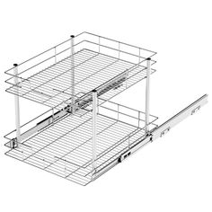 a metal shelf with two shelves on each side