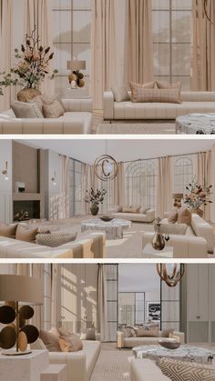 three different views of a living room with couches, tables and lamps in it