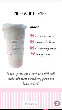 a pink and white drink is shown with information about the product in it's description