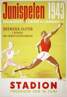 an advertisement for the berlin olympics featuring two women in red and white running on a yellow background