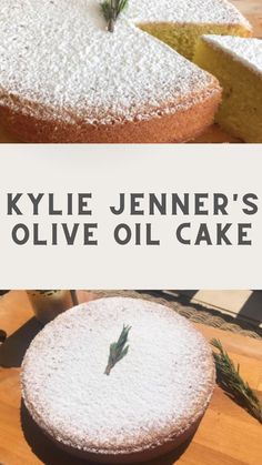 a cake that is sitting on top of a cutting board with the words kylie jenny's olive oil cake