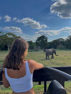 a woman is looking at an elephant in the distance