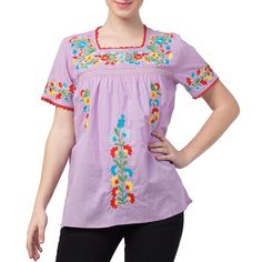 Raj Erina Embroidered Blouse Our Erina blouse is lightweight to keep you cool and comfortable with floral embroidery to add interest and detail to any outfit. Relaxed Fit Blouse With Floral Embroidery, Cotton Blouse With Floral Embroidery And Relaxed Fit, Spring Casual Blouse With Floral Embroidery, Casual Short Sleeve Blouse With Floral Embroidery, Spring Cotton Tops With Embroidered Hem, Casual Floral Embroidered Short Sleeve Blouse, Traditional Floral Embroidered Tops With Relaxed Fit, Cotton Embroidered Top With Floral Embroidery, Casual Purple Blouse With Floral Embroidery