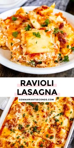 ravioli lasagna in a white casserole dish with parsley on top