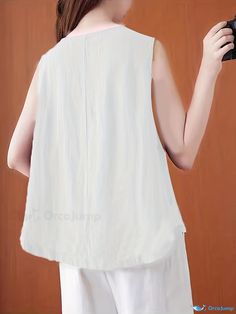 Orcajump - Embroidered Sleeveless Tang Suit, Vintage Crew Neck Hem Arc Tang Suit, Women's Clothing White Sleeveless Cotton Vest, Non-stretch Cotton Sleeveless Tank Top, Cotton Sleeveless Tops, Vintage Crew Neck, Suit Vintage, Tang Suit, Suit Women, Vintage Material, Flower Skull