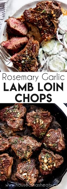 rosemary garlic lamb loin chops in a cast iron skillet with text overlay