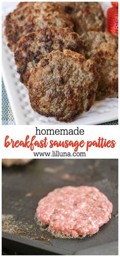 some hamburger patties are being cooked on a grill with the words, homemade breakfast sausage patties