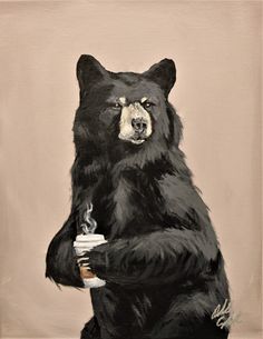 a painting of a black bear holding a coffee cup