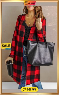 Red Plaid Print Long Cardigan Chic Red Cardigan For Fall, Red Open Front Cardigan For Fall, Casual Plaid Cardigan For Work, Plaid V-neck Cardigan For Fall, Plaid V-neck Outerwear For Fall, Casual Plaid V-neck Outerwear, Red Long Sleeve Cardigan For Day Out, Red Long Sleeve Outerwear For Day Out, Red Outerwear For Fall Day Out