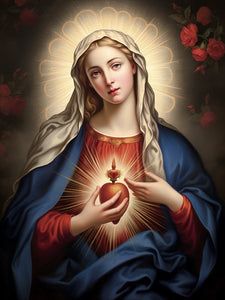 the immaculate mary holding an apple in her hands